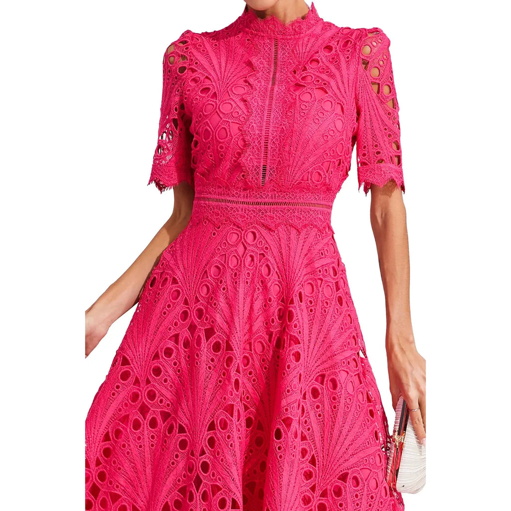 Juliette | Damen Kurzarm Spitzen Midi Kleid