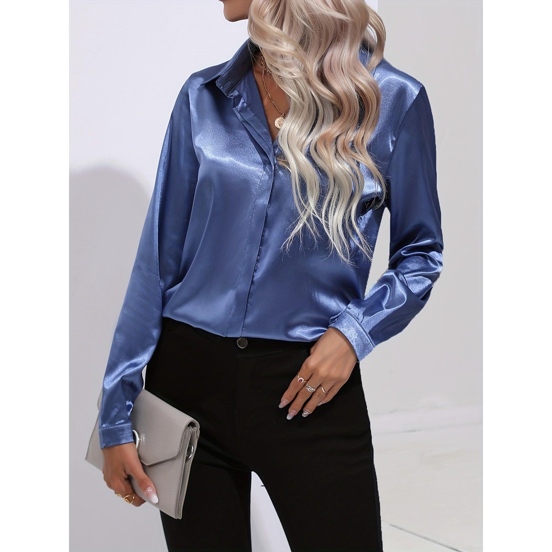Luciana | Damen Satin Hemd Mit Knopfleiste Und Langarm