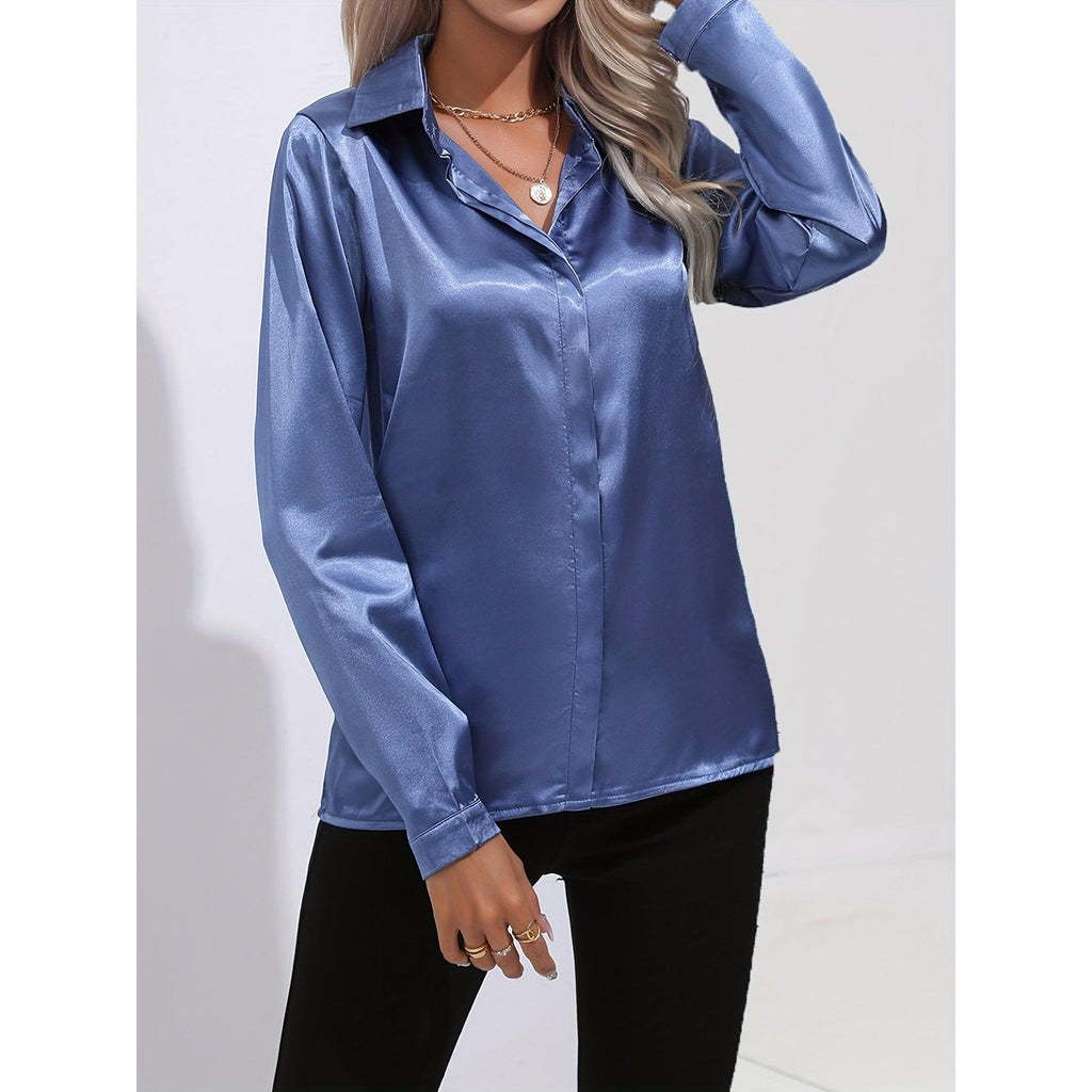 Luciana | Damen Satin Hemd Mit Knopfleiste Und Langarm