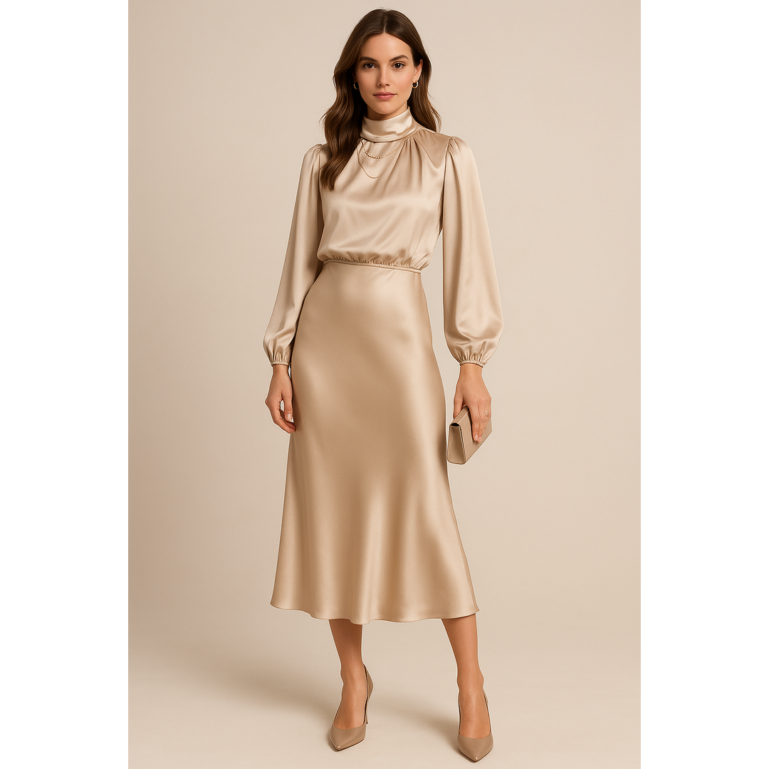 Elena | Damen Midikleid mit hoher Taille und Langarm
