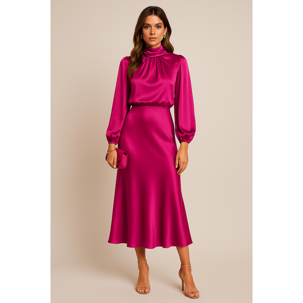 Elena | Damen Midikleid mit hoher Taille und Langarm