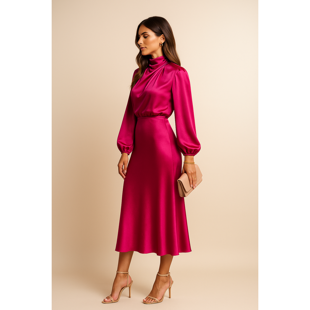 Elena | Damen Midikleid mit hoher Taille und Langarm