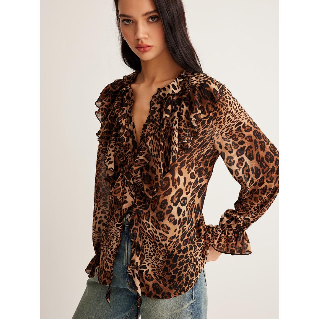 Alyssa | Damen Bluse mit Leopardenmuster und Rüschenkragen