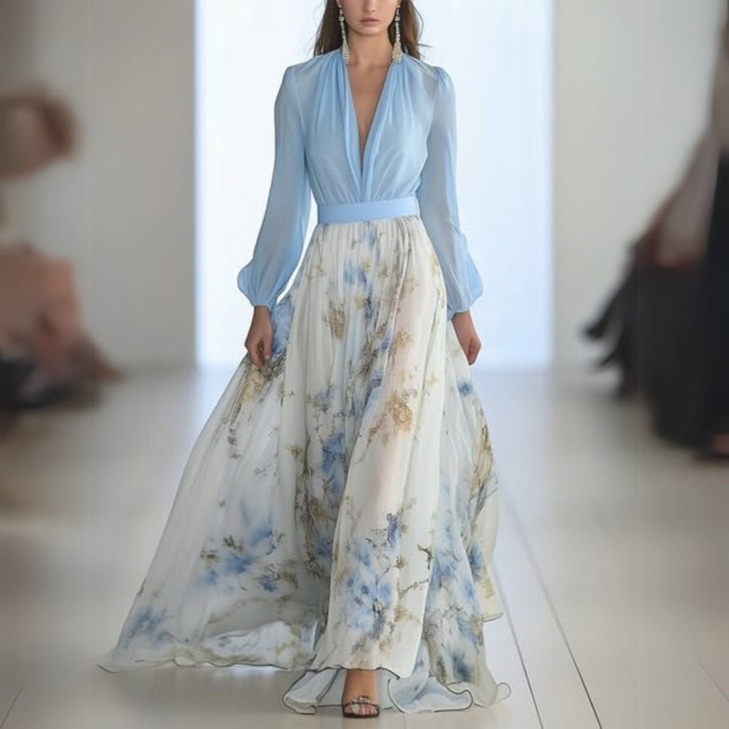 Cecilia | Langarm Blumen Maxi Kleid Mit V-Ausschnitt