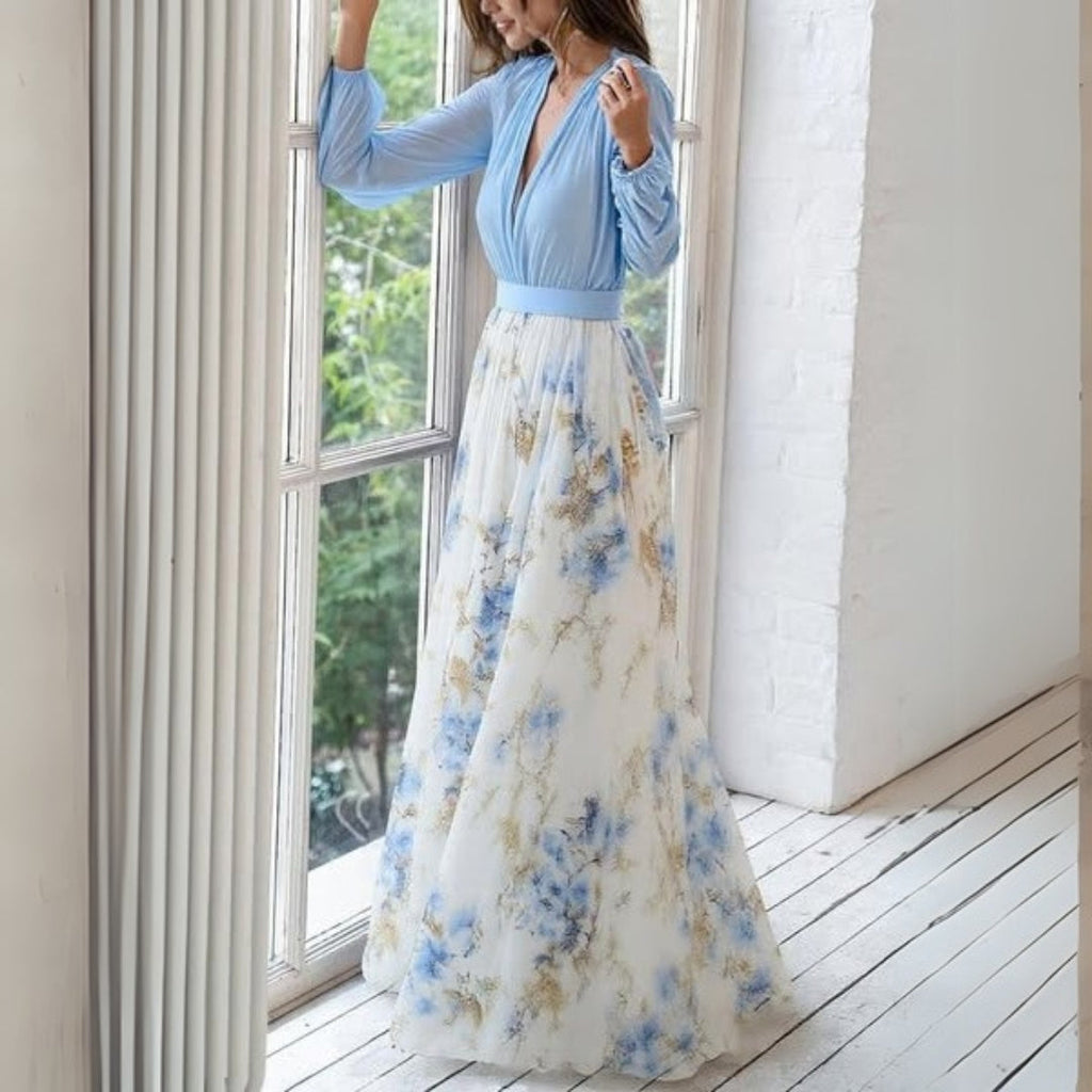 Cecilia | Langarm Blumen Maxi Kleid Mit V-Ausschnitt