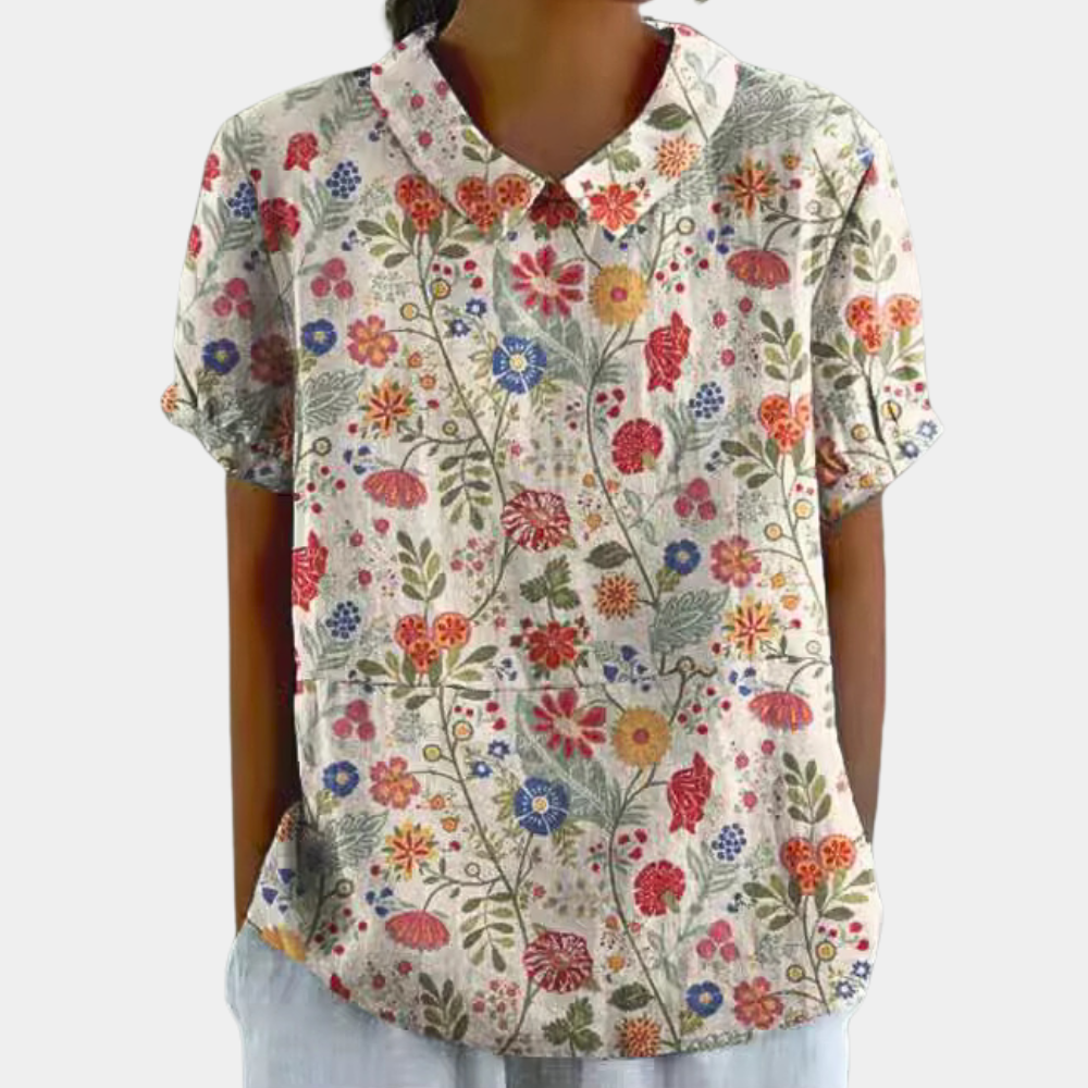 Leona | Damen Kurzarm Bluse Mit Pastoralem Blumenprint