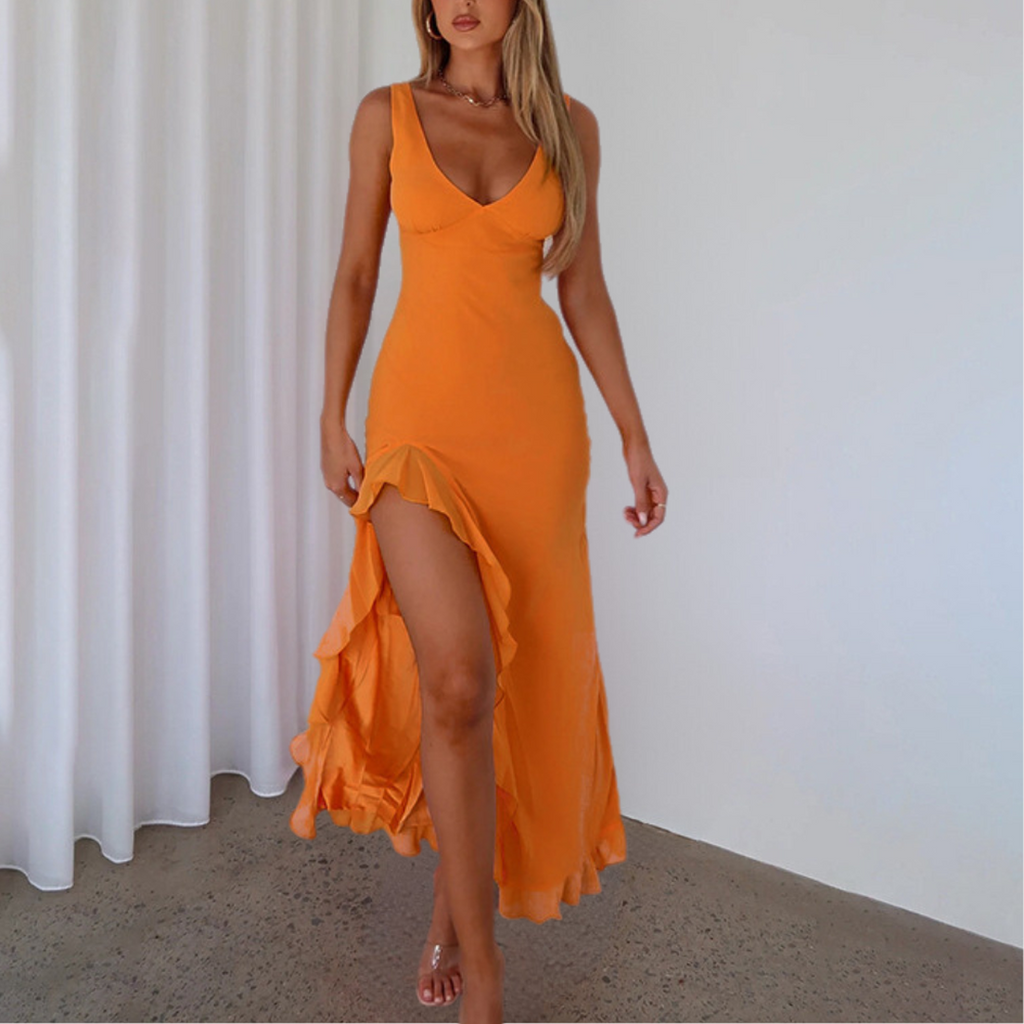 Evelyn | Damen Ärmelloses Maxi Kleid Mit V-Ausschnitt Und Asymmetrischem Schlitz