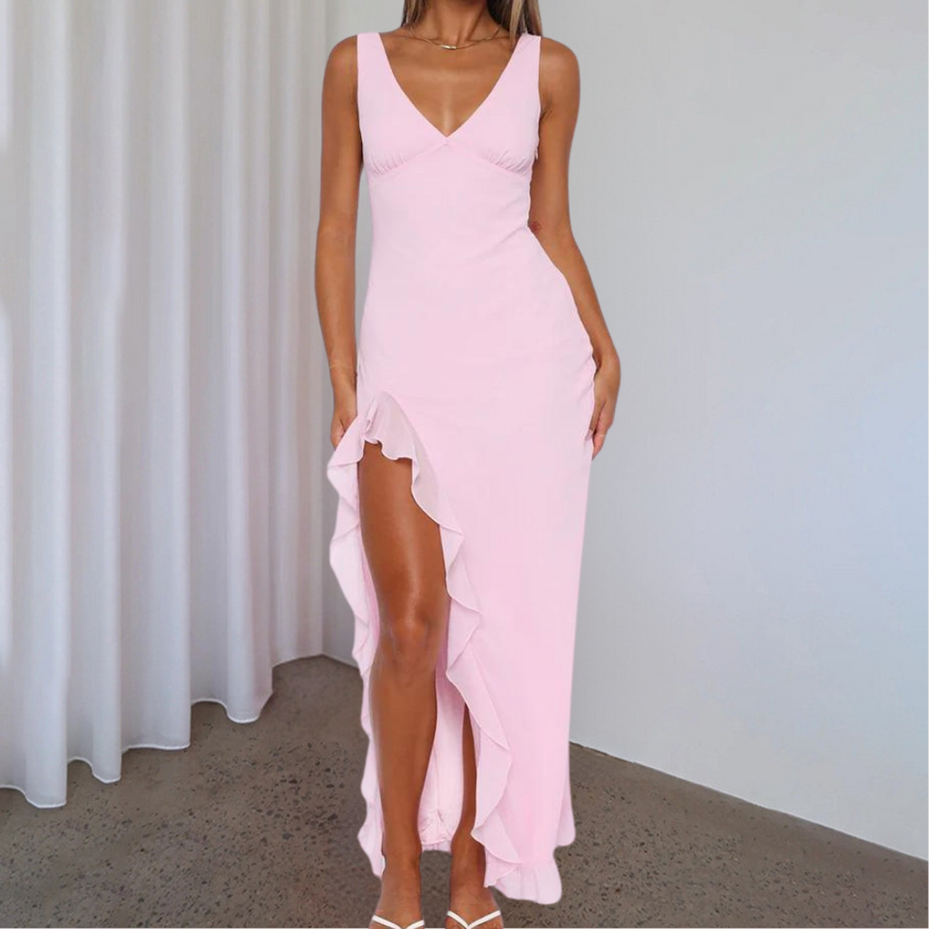 Evelyn | Damen Ärmelloses Maxi Kleid Mit V-Ausschnitt Und Asymmetrischem Schlitz