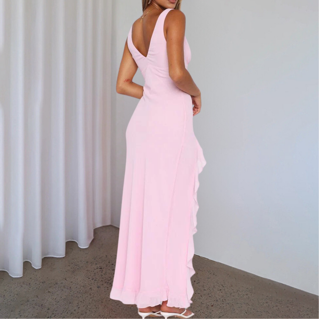 Evelyn | Damen Ärmelloses Maxi Kleid Mit V-Ausschnitt Und Asymmetrischem Schlitz