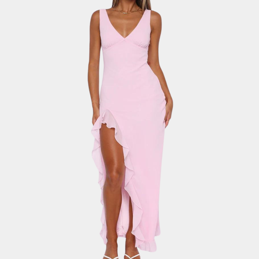Evelyn | Damen Ärmelloses Maxi Kleid Mit V-Ausschnitt Und Asymmetrischem Schlitz