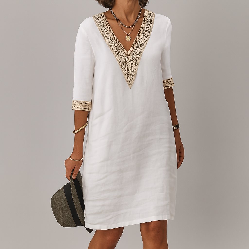 Marley | Damen Leinen Kleid Mit V-Ausschnitt Und Spitzenbesatz