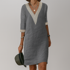 Marley | Damen Leinen Kleid Mit V-Ausschnitt Und Spitzenbesatz