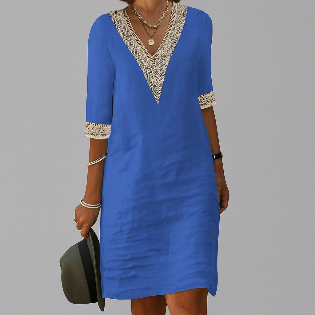 Marley | Damen Leinen Kleid Mit V-Ausschnitt Und Spitzenbesatz