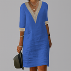 Marley | Damen Leinen Kleid Mit V-Ausschnitt Und Spitzenbesatz