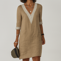 Marley | Damen Leinen Kleid Mit V-Ausschnitt Und Spitzenbesatz
