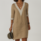 Marley | Damen Leinen Kleid Mit V-Ausschnitt Und Spitzenbesatz