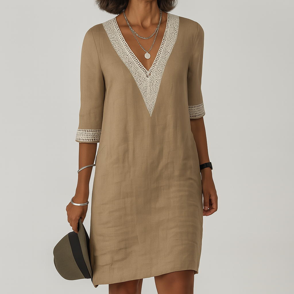 Marley | Damen Leinen Kleid Mit V-Ausschnitt Und Spitzenbesatz