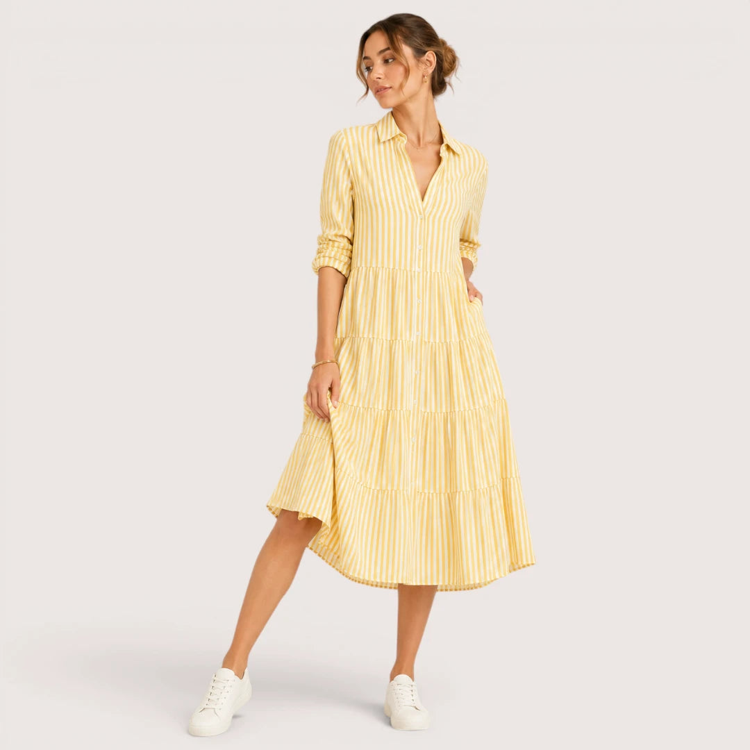 Ainsley | Damen Gestreiftes Hemdblusenkleid Mit Knopfleiste