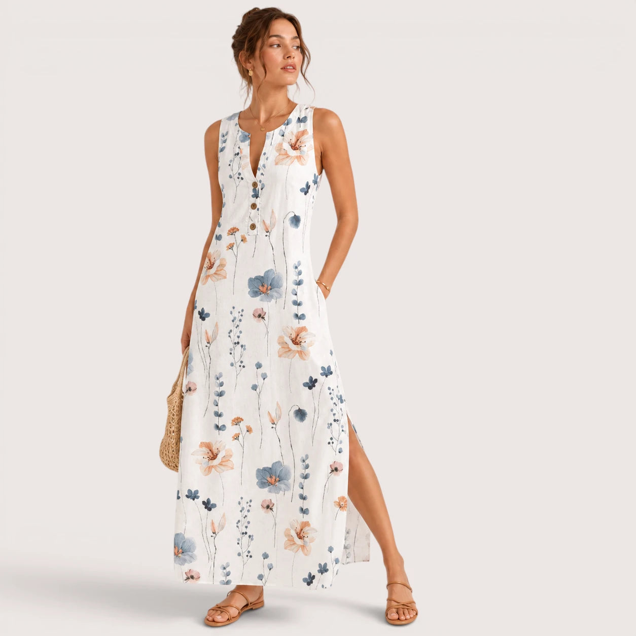 Kailani | Damen Midikleid Mit Floral Print Und Knopfdetail