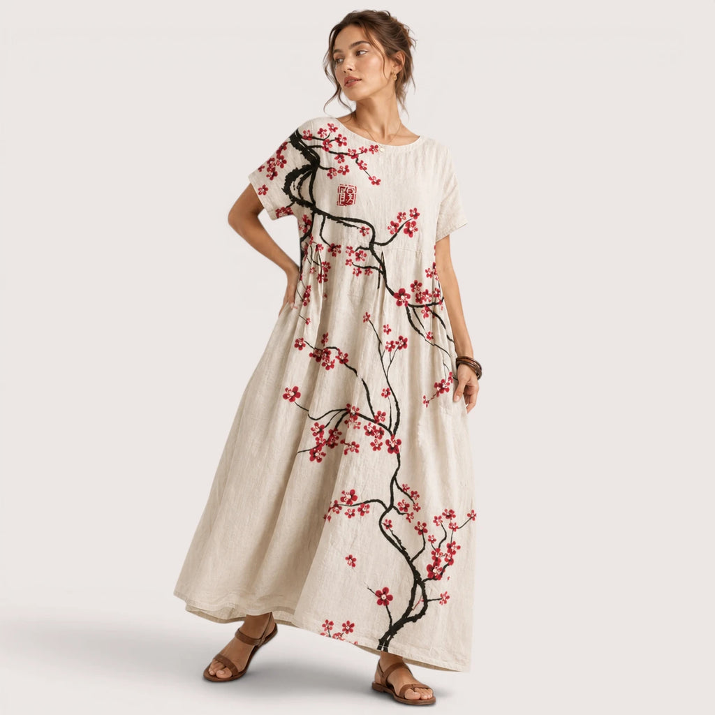 Anika | Damen Florales Midikleid Mit Rundhalsausschnitt