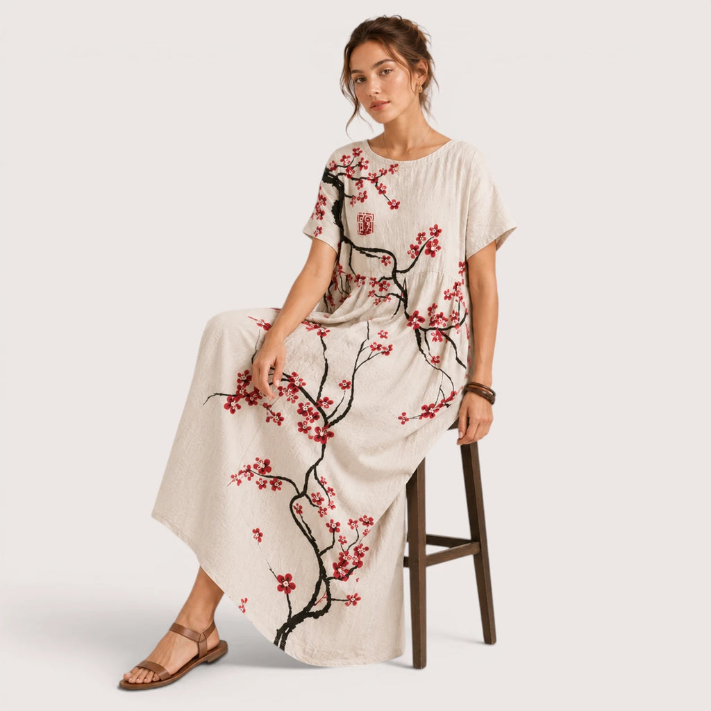 Anika | Damen Florales Midikleid Mit Rundhalsausschnitt