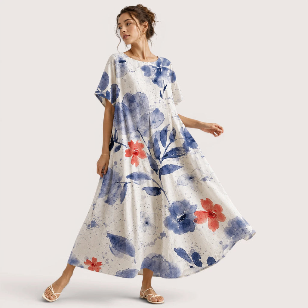 Anika | Damen Florales Midikleid Mit Rundhalsausschnitt