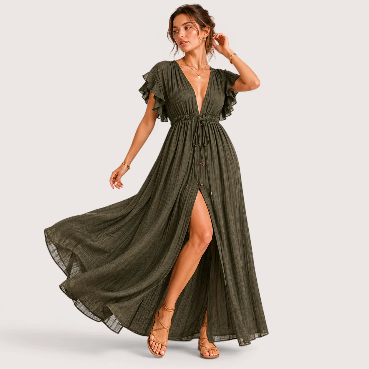 Blaine | Damen Langes V-Ausschnitt Kleid Mit Kurzarm