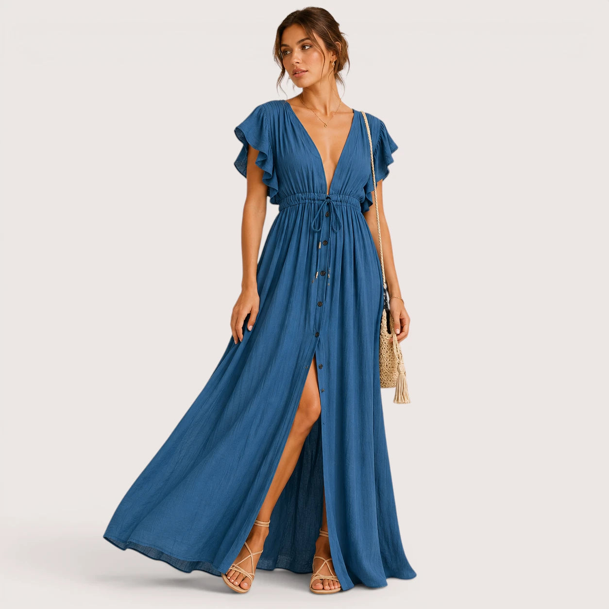 Blaine | Damen Langes V-Ausschnitt Kleid Mit Kurzarm