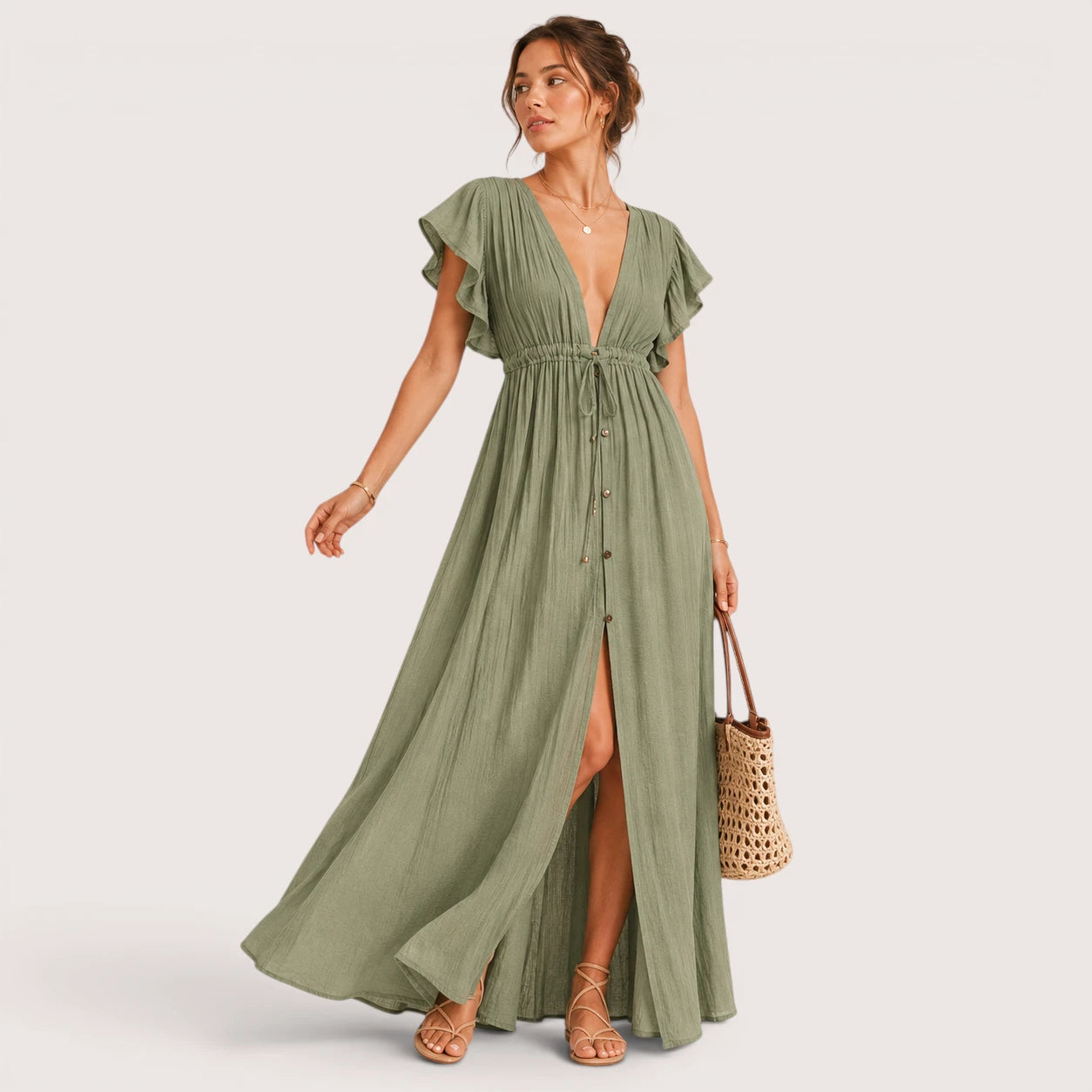 Blaine | Damen Langes V-Ausschnitt Kleid Mit Kurzarm