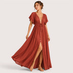 Blaine | Damen Langes V-Ausschnitt Kleid Mit Kurzarm