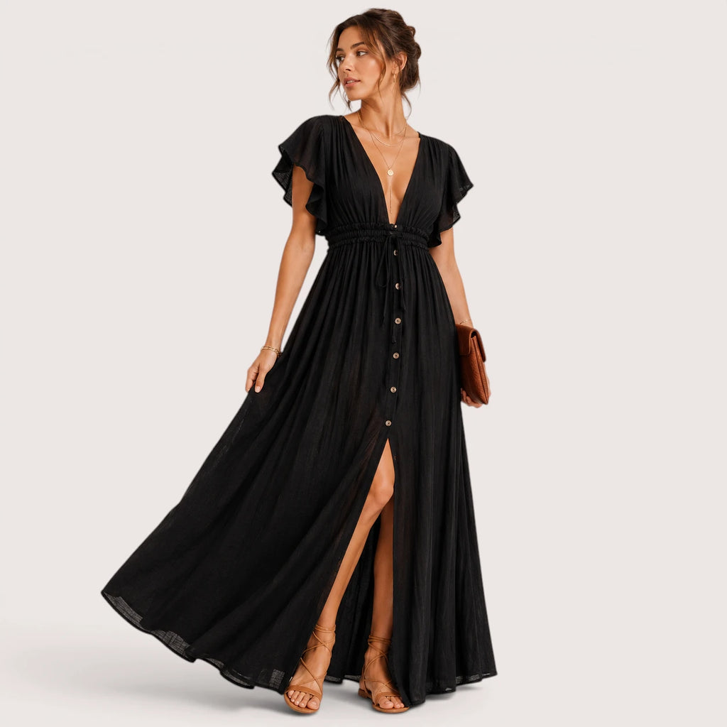 Blaine | Damen Langes V-Ausschnitt Kleid Mit Kurzarm