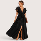 Blaine | Damen Langes V-Ausschnitt Kleid Mit Kurzarm