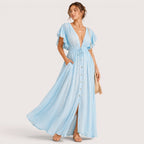 Blaine | Damen Langes V-Ausschnitt Kleid Mit Kurzarm