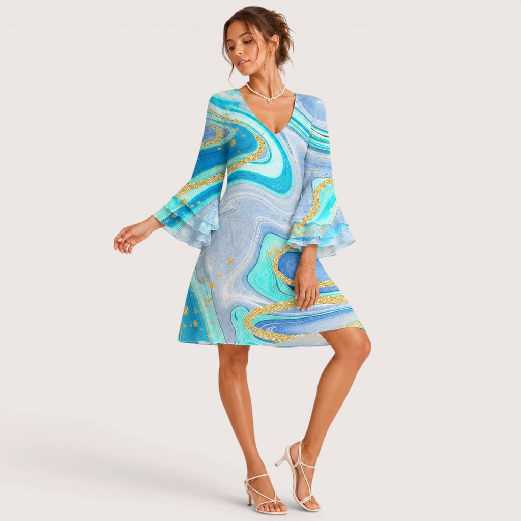 Reagan | Damen Mini Kleid Mit V-Ausschnitt Und Abstraktem Print