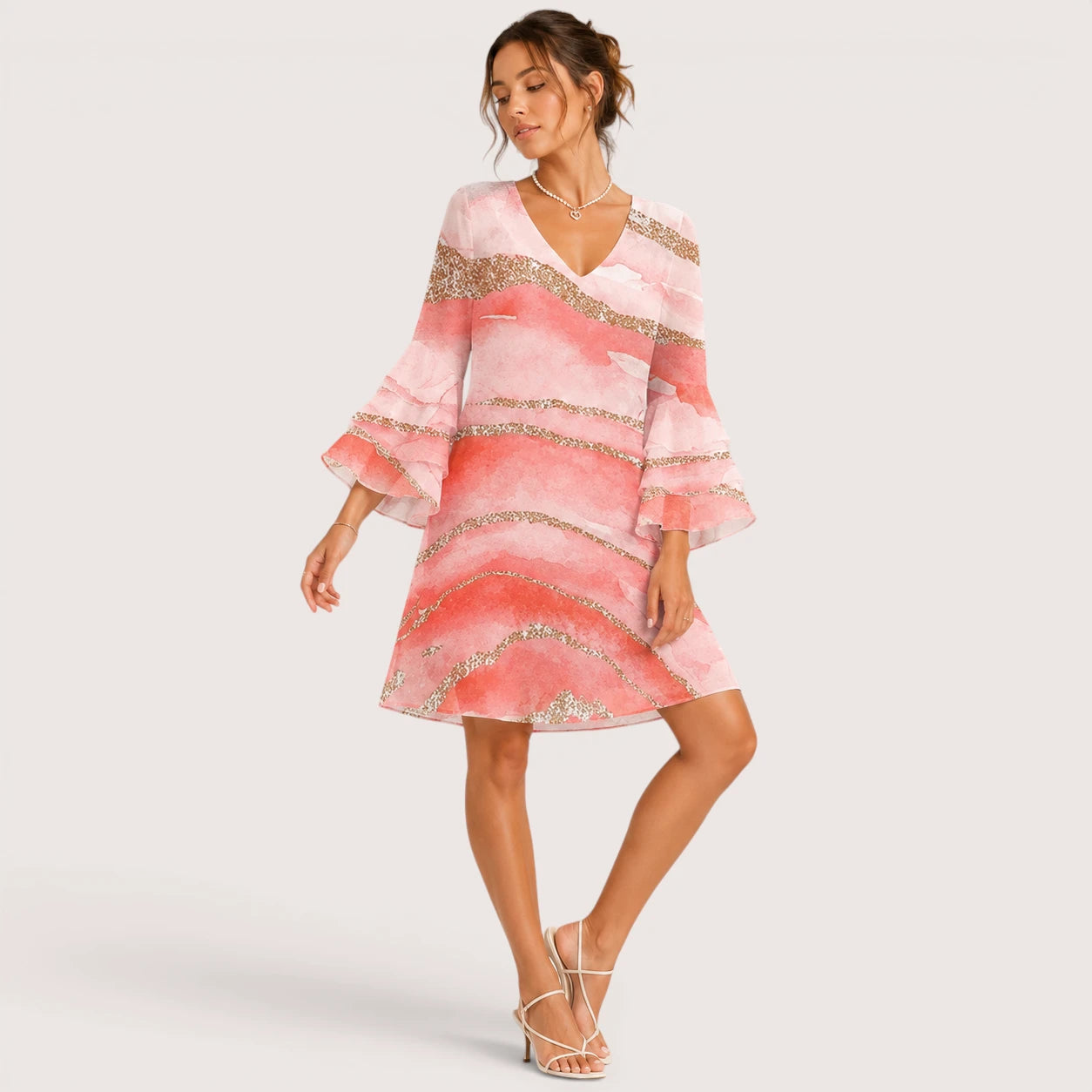 Reagan | Damen Mini Kleid Mit V-Ausschnitt Und Abstraktem Print