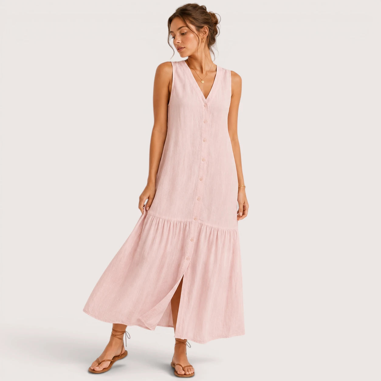 Mckenna | Damen Ärmelloses V-Ausschnitt Midikleid Mit Knopfleiste