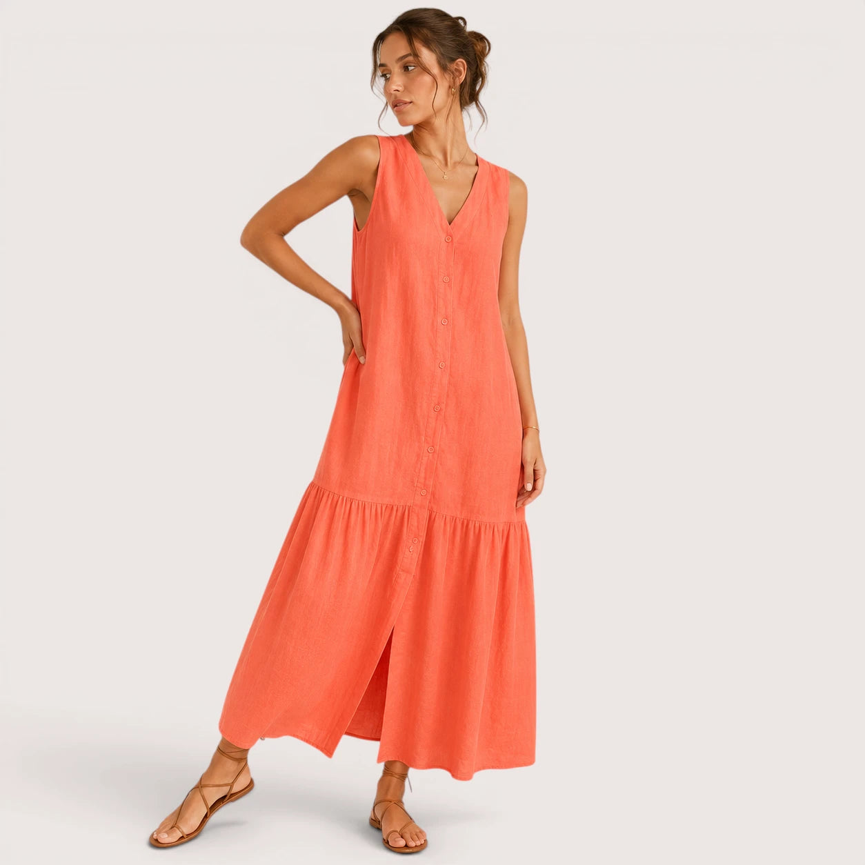 Mckenna | Damen Ärmelloses V-Ausschnitt Midikleid Mit Knopfleiste