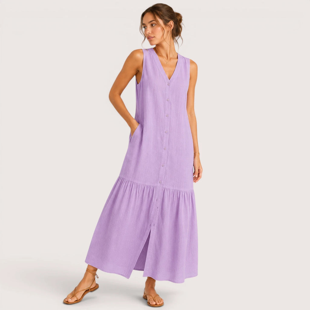 Mckenna | Damen Ärmelloses V-Ausschnitt Midikleid Mit Knopfleiste