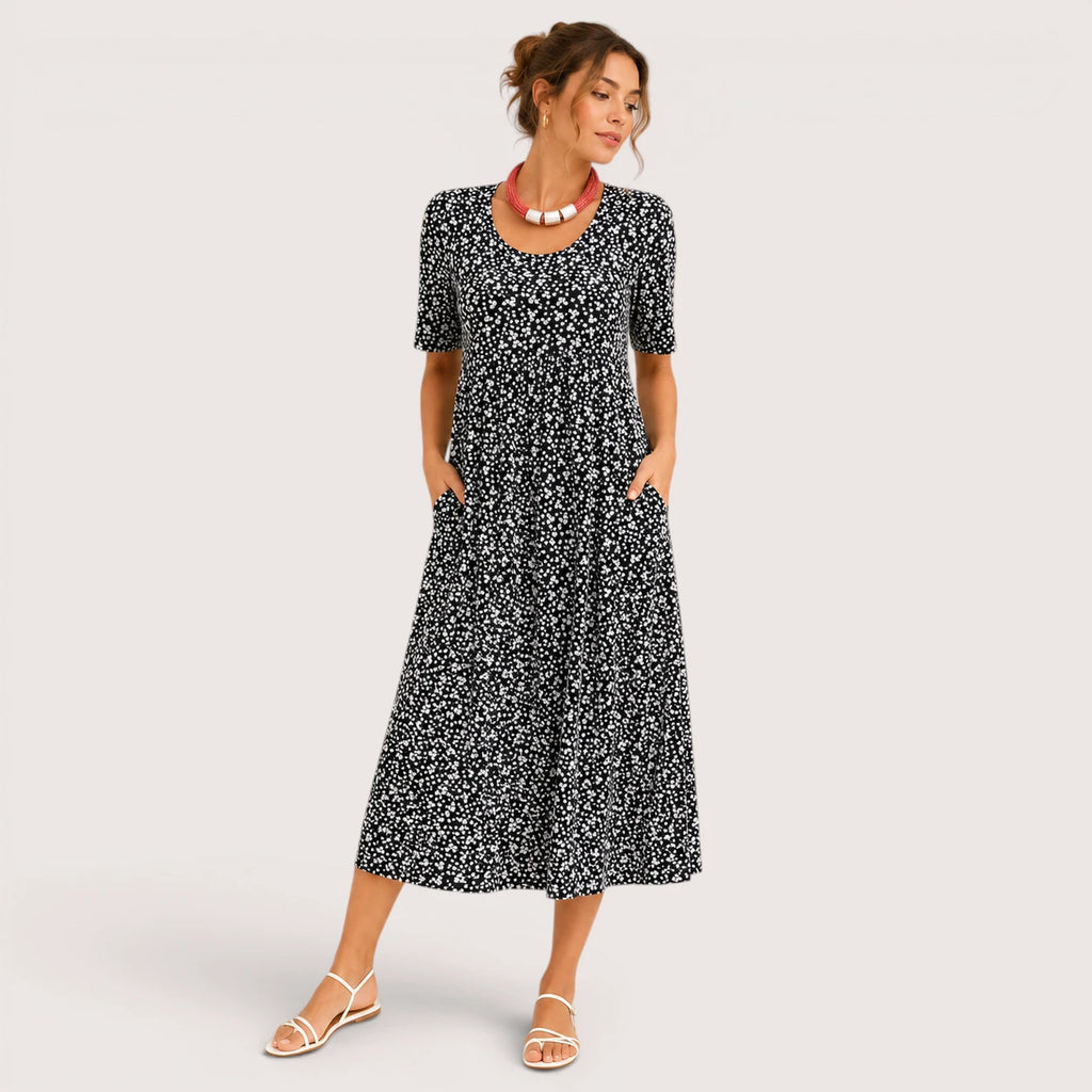 Frances | Damen Bedrucktes Midikleid Mit Seitentaschen