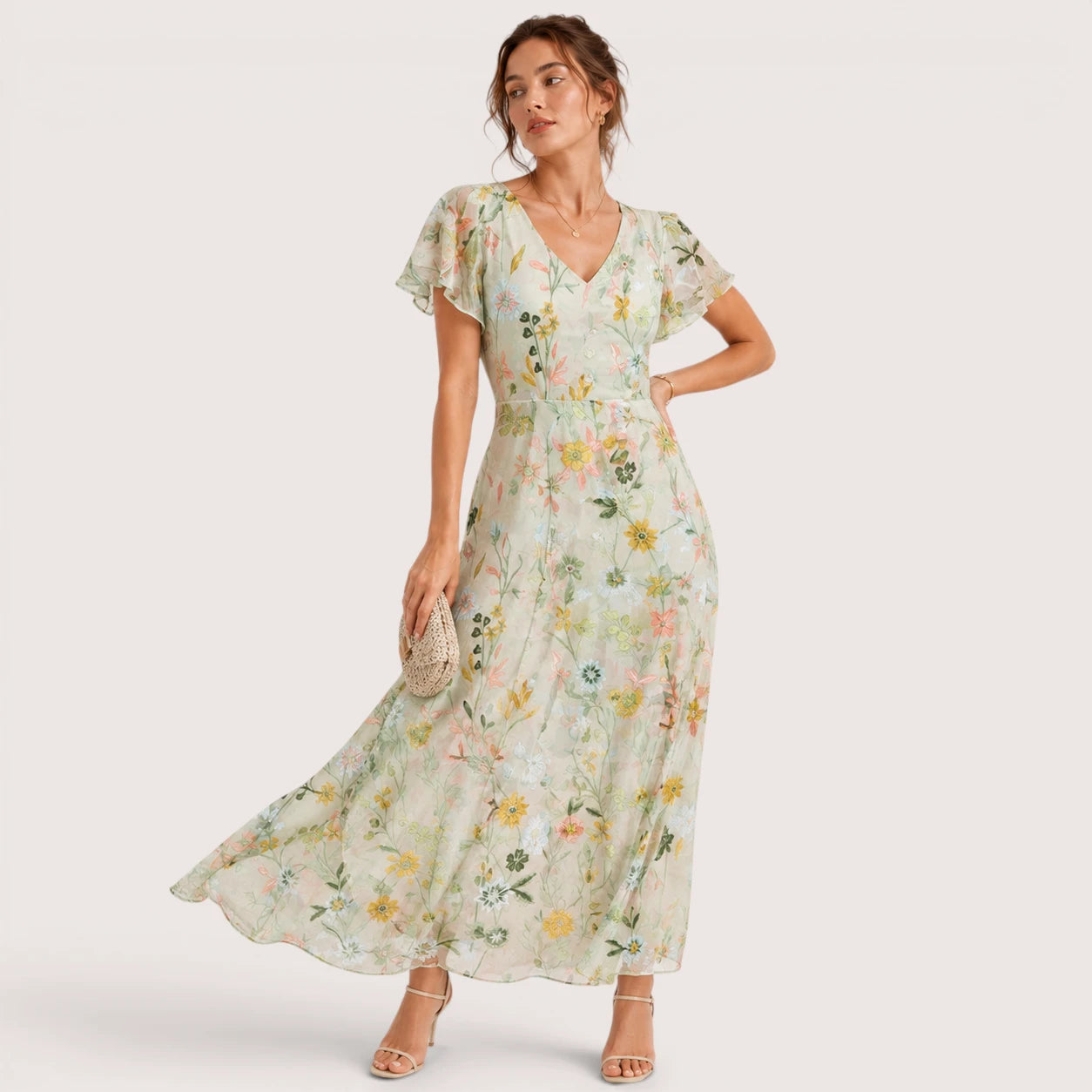Ariella | Damen Langes Floral Print Kleid Mit Kurzarm