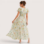 Ariella | Damen Langes Floral Print Kleid Mit Kurzarm