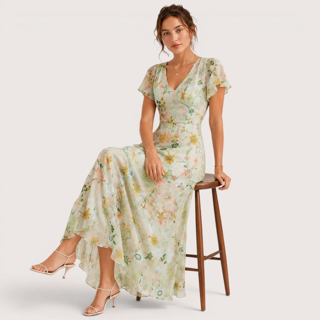 Ariella | Damen Langes Floral Print Kleid Mit Kurzarm