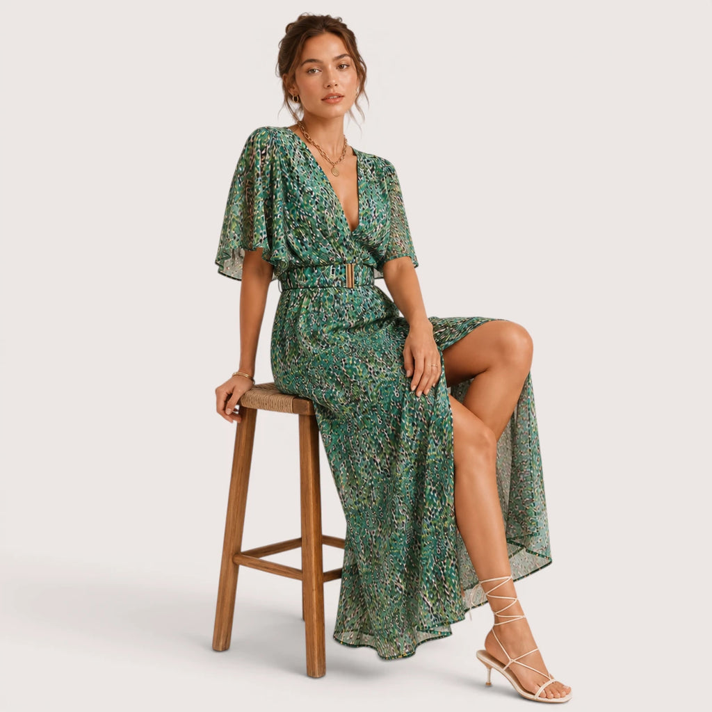 Cadence | Damen Langes V-Ausschnitt Kleid Mit Frontschlitz