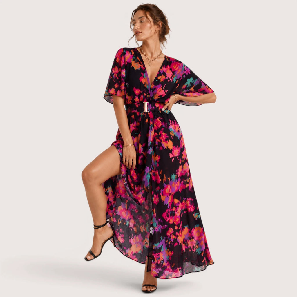 Cadence | Damen Langes V-Ausschnitt Kleid Mit Frontschlitz