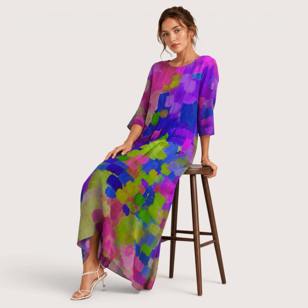 Raelynn | Damen Langes Kleid Mit Floral Print Und Rundhalsausschnitt