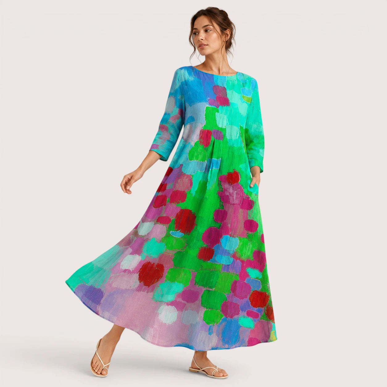 Raelynn | Damen Langes Kleid Mit Floral Print Und Rundhalsausschnitt