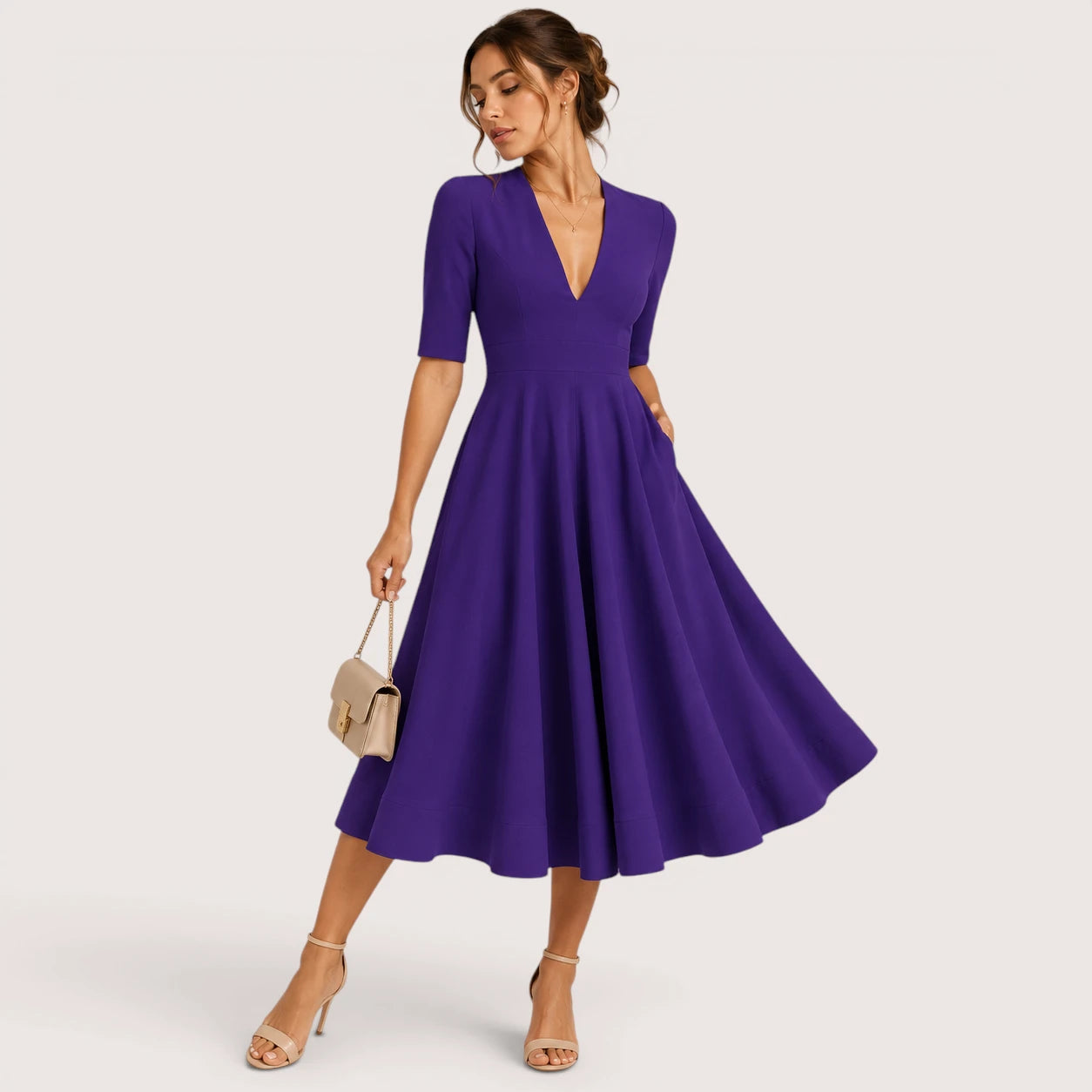 Ivanna | Damen V-Ausschnitt Midikleid Mit A-Linien Silhouette