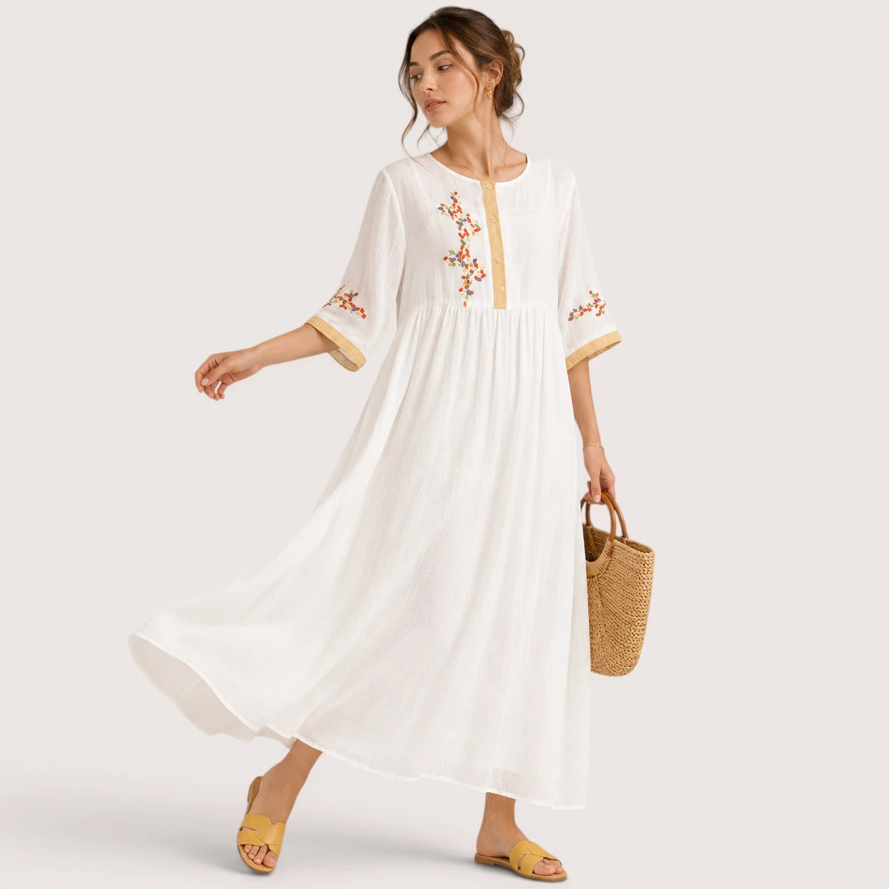 Colette | Damen Besticktes Leinen Midikleid