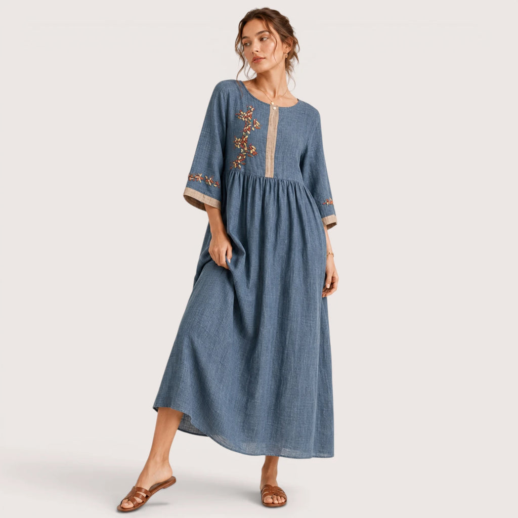 Colette | Damen Besticktes Leinen Midikleid