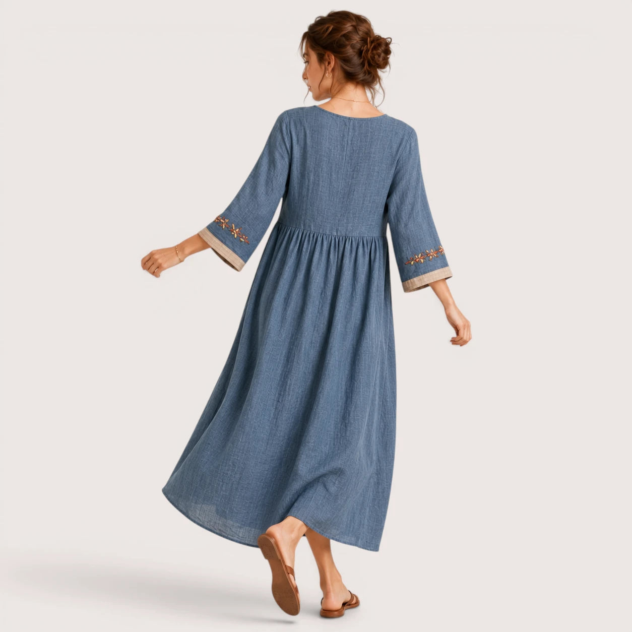 Colette | Damen Besticktes Leinen Midikleid